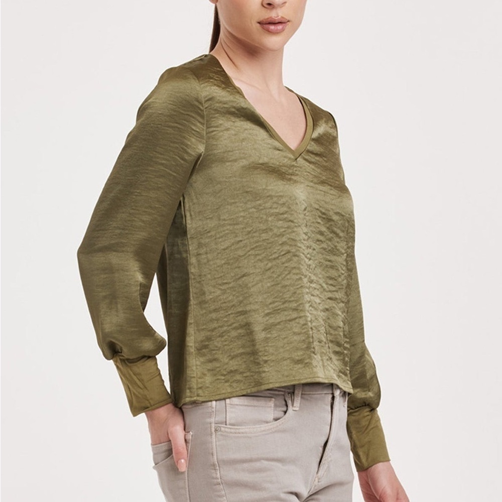 Another Love Satin Sage Green V-Neck Blouse
